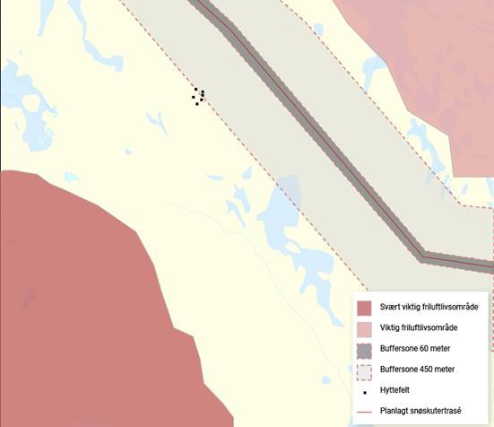 TEGN INN BUFFER: Legg en buffer på 450 meter rundt de viktige og svært viktige friluftslivsområdene, og en buffer på 60 meter rundt boliger, hytter og annen støyfølsom bebyggelse, jamfør figur 2.