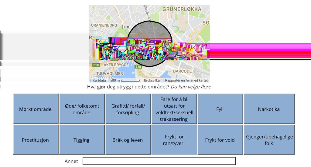 Figur 2: Skjermbilder av det interaktive kartet fra spørreundersøkelsen.