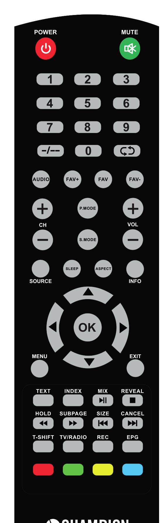 Remote Control Buttons EN POWER: Press the TV on and standby. MUTE: Press to mutes the sound. NUMBER: Numeric buttons for direct channel access. -/-/: Call up the program table.