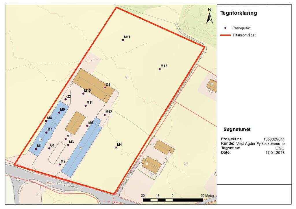 MILJØTEKNISK GRUNNUNDERSØKELSE FOR FORURENSET GRUNN, SØGNETUNET Figur 2: Prøvetakingsplan for området er vist på kartet. M8 og M6/M3 er planlagt ved nedgravde oljetanker.