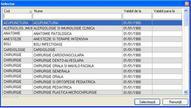 selectare se deschide o 208 - Selector specialitate Diagnostice secundare: prezinta sub forma tabelara lista