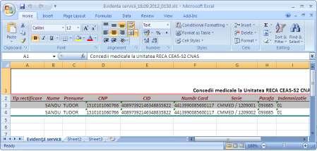 Utilizatorul apasa butonul Export Excel cu click stanga al mouse-ului, sau daca este deja selectat, cu tasta Enter pentru a exporta lista Certificate medicale emise de unitatea medicala, intr-un