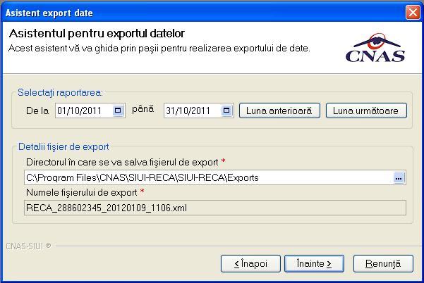 Figura 4.268 - Asistent pentru export date raportare SIUI-RECA afiseaza numele fisierului exportat (read-only). Perioada de raportare este, in mod implicit, luna anterioara datei de operare.