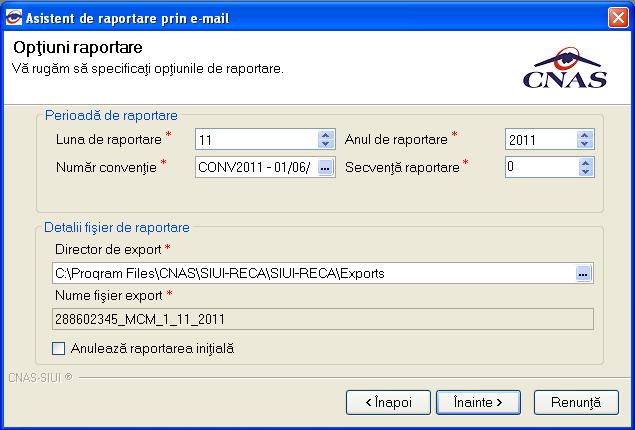 La apelarea modulului Raportari-Raportare prin email, Sistemul lanseaza Asistentul de raportare prin e-mail. Figura 4.