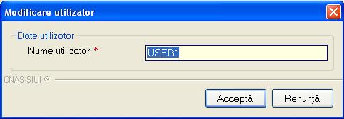 4.3.13.2 Modificare utilizator Utilizatorul alege din lista un utilizator si apasa pe butonul Modifica. SIUI-RECA afiseaza fereastra : Figura 4.