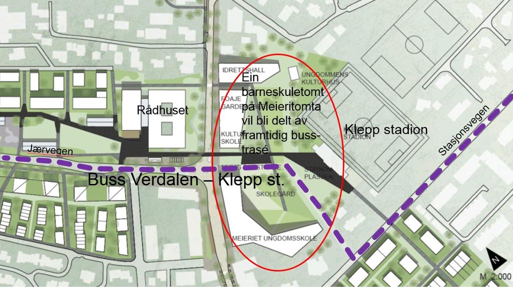 Figur 1. Bakgrunnskartet er KAP si skisse for ein ungdomsskule på Meieritomta og kollektivtrase i forlenging av Solavegen mot Stasjonsvegen.