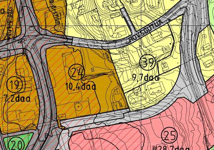 Hovslia; kartet viser mulighet for adkomst fra øst, Figur 7: Hovslia - felt 24 - og markert 1000 års-flom med rosa skravur 7.