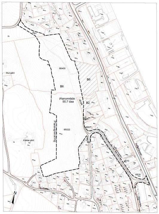 Figur 1: Kart med inntegnet planområde (striplet linje), tilsendt fra oppdragsgiver.