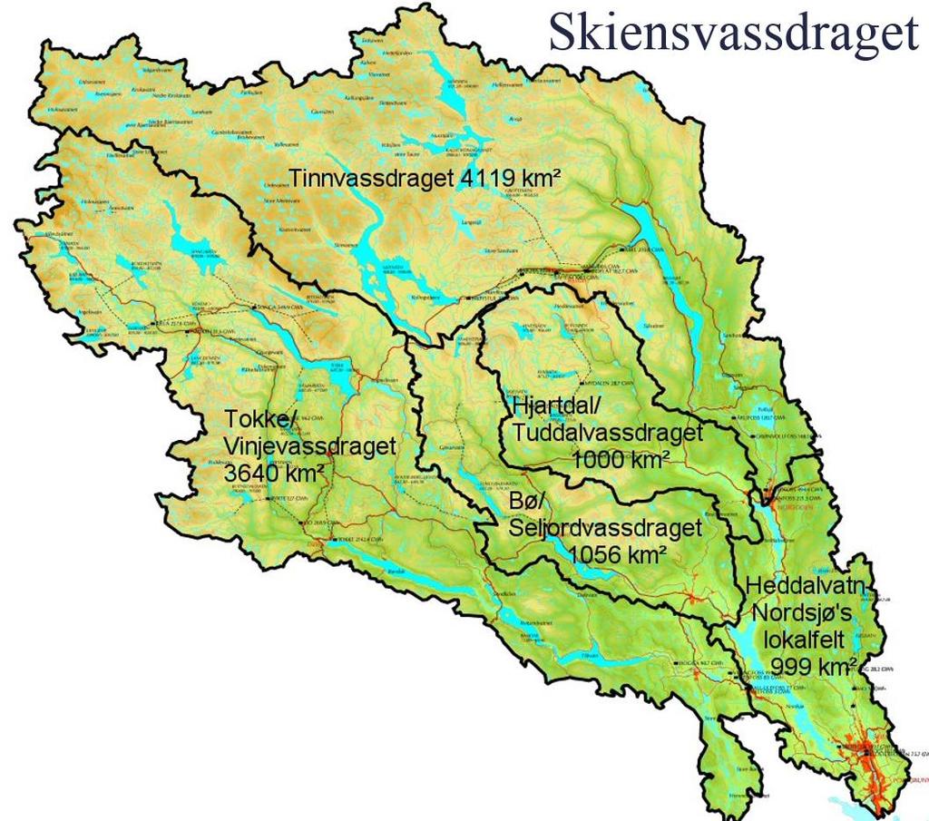 6 ca. 10700 km2, hvorav ca. 50 % er skog, litt over 30 % er snaufjell og ca. 10 % er innsjøareal. Vassdraget har fire hovedgrener som drenerer ned til Norsjø (Figur 1-2).