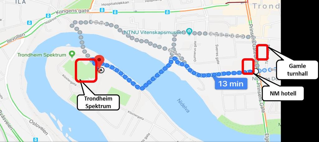 Kart over gangvei fra Comfort hotell (ligger ved starten av ruta) til spektrum, den