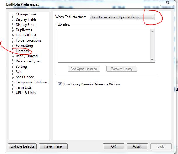 Åpne et eksisterende bibliotek i EndNote Som standard vil det siste biblioteket du brukt åpnes når EndNote starter. Gjør det ikke det kan du åpne via kommando 1. File > Open > Open library 2.