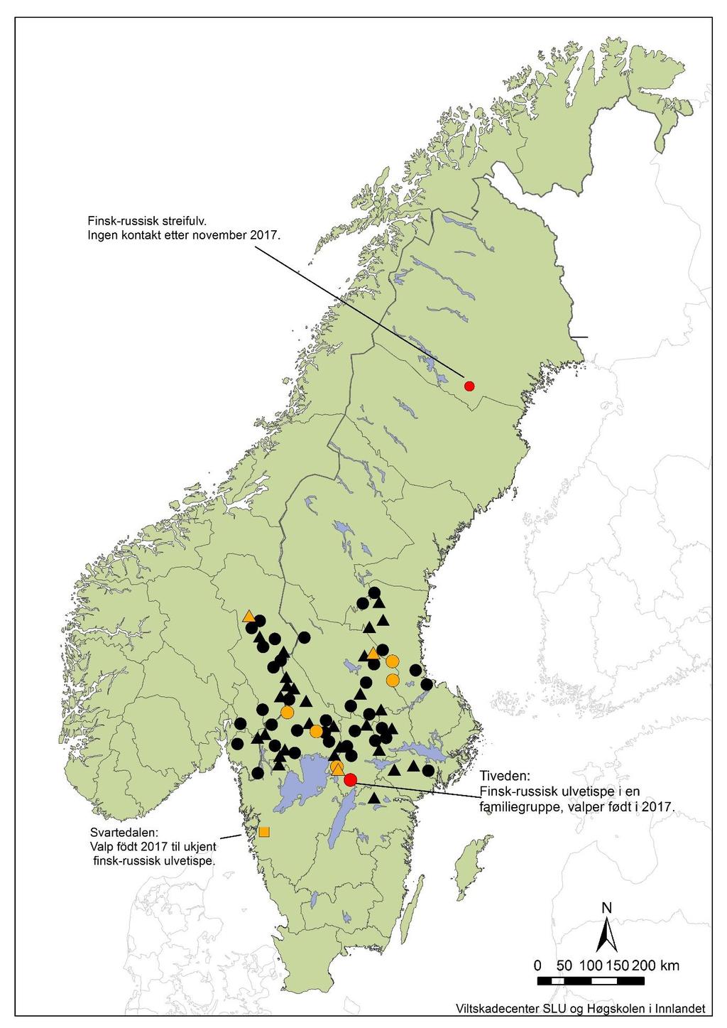 Figur 4. Familiegrupper (sirkel) og revirmarkerende par (trekant) av ulv i registreringsperioden, vinteren 2017-2018.