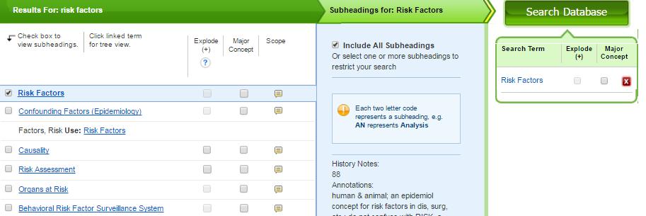 ט. התקבל המסך הבא: Subheadings היבטים (תת-נושאים) המתייחסים לנושא.Risk Factors ניתן לבחור בהיבט אחד או יותר. במידה ולא נבחר היבט, החיפוש יכלול את כל ההיבטים. לבחירת היבט סמנו את התיבה ליד.