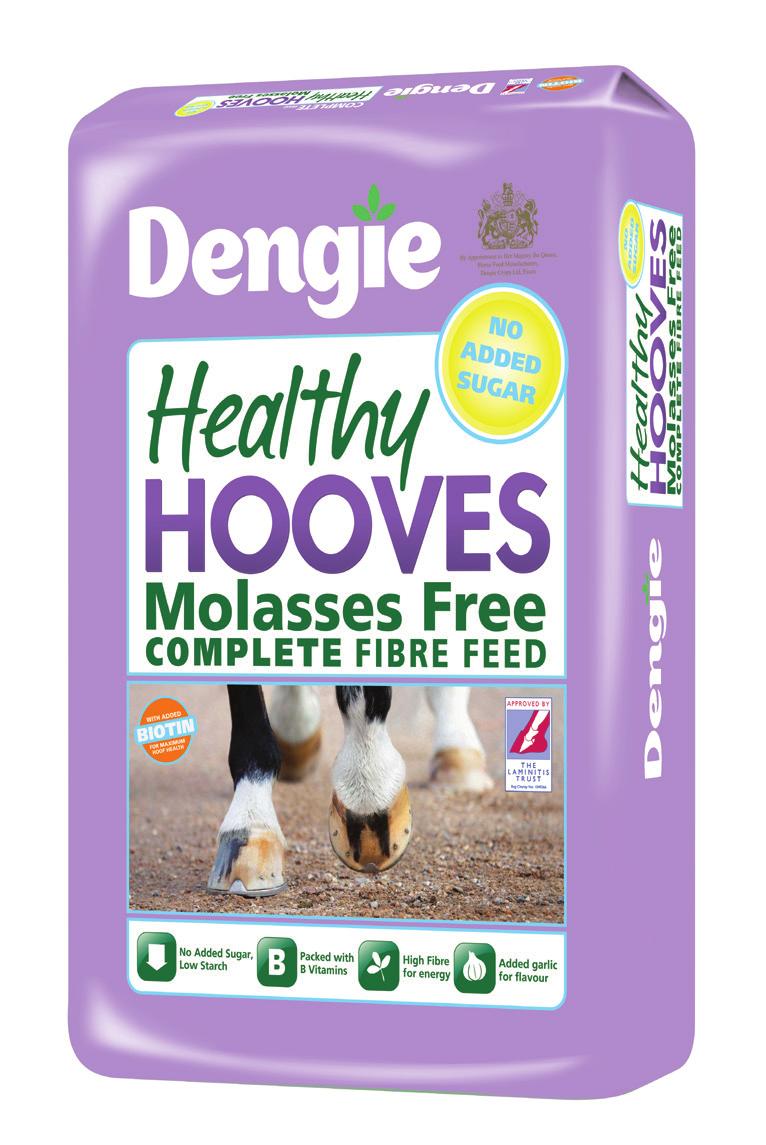 DENGIE HEALTHY HOOVES Dengie Healthy Hooves er et komplett lavkalorifôr med høyt innhold av fiber, spesielt utviklet til overvektige hester og hester med stoffskifteproblemer.