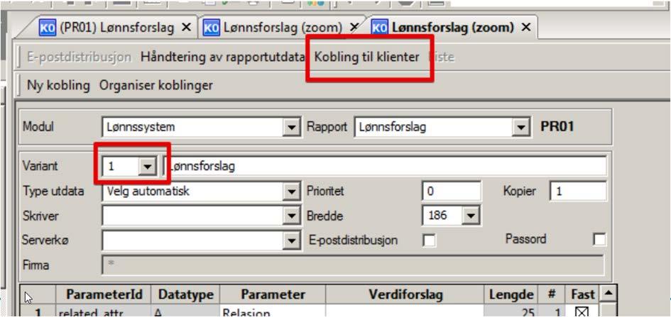 Vil du at varianten skal være firmaspesifikk: lagre, hent den opp igjen og trykk på "Kobling