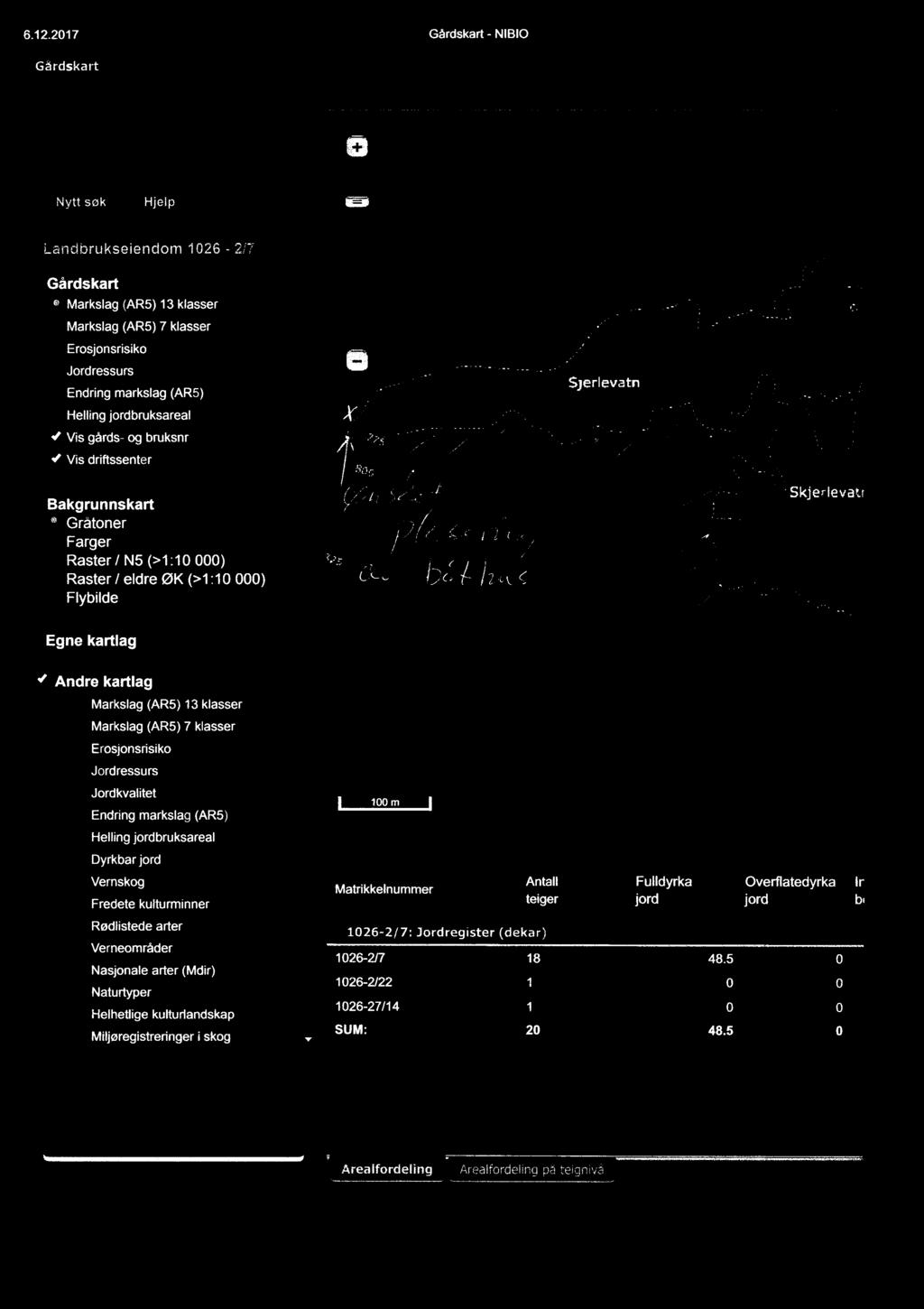 6.12.2017 Gårdskart NIBIO Gårdskart Nytt søk Hjelp Landbrukseiendom 1026-2/7 Gårdskart ' Markslag (AR5) 13 klasser Markslag (AR5) 7 klasser Erosjonsrisiko Jordressurs Endring markslag (AR5)