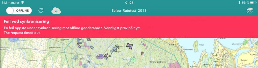 Nedlastinga av geodatabasen kan slå feil, og da får du beskjed. Det er ikke usannsynlig at du vil oppleve dette, og du må prøve igjen. 5.2.