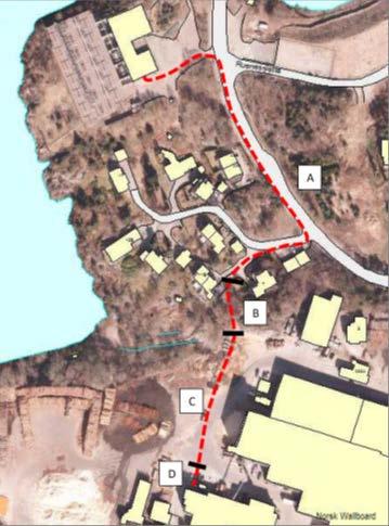 2.1 Alternativ 1 - Erstatte hele linjen med kabel i grøft. Trasèen kan grovt beskrives i fire seksjoner (fig. 2). Seksjon A går i eller langs asfaltert vei.