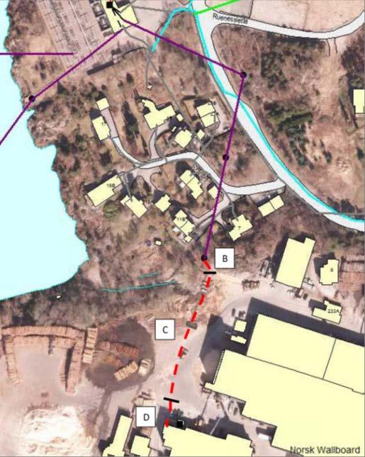 2.3 Alternativ 3 Luftlinjens siste spenn erstattes av kabel. Seksjon B går fra ny endemast til OPI kanal (fig. 5). Terrenget er fjell og kratt. Seksjon C krysser åpen plass på fabrikkområdet.