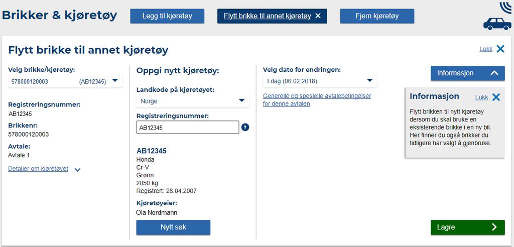 Velger du «Legg til Kjøretøy» har du mulighet til å registrere inn et nytt kjøretøy. Du må først velge landskode for kjøretøyet deretter legge inn registreringsnummer.