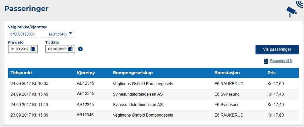 Om du valgte «Gå til passeringer» vil du få en oversikt over de passeringene som er registrert på fakturaen. Oversikten viser dato, klokkeslett, kjøretøyet, bomselskap, bomstasjonens navn og pris.