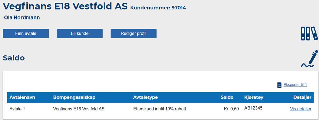 Under saldo har du mulighet til å se hva slags avtale du har og med hvilket bomselskap. I tillegg kan du se registreringsnummeret på kjøretøyet samt vise detaljer på avtalen.