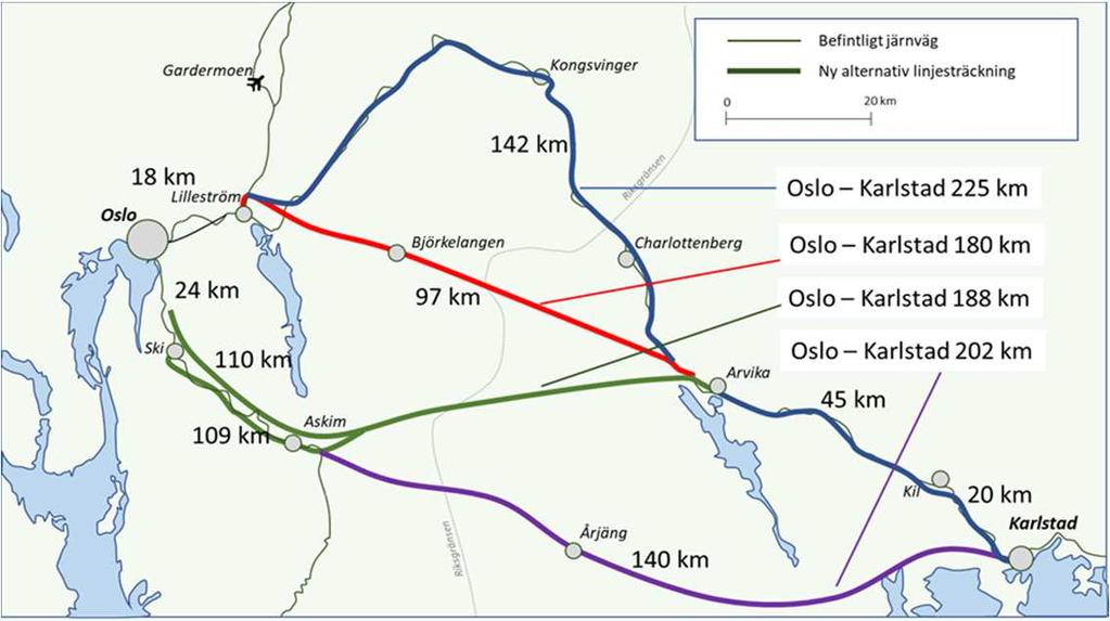 Åtgärdsvalsstudie Stockholm - Oslo ÅVS har et langsiktig reisetidsmål på 3 timer mellom Stockholm og Oslo For å oppnå dette målet kreves ny bane mellom Karlstad og Oslo.