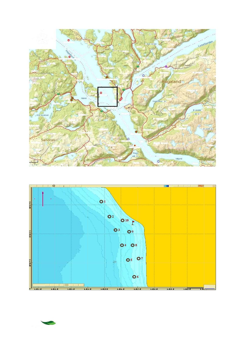Figur 2-1 Oversiktskart over deler av Høgsfjorden, Lysefjorden samt Frafjord Rogaland. Firkant viser undersøkelsesområdet ved Høgås i Høgsfjorden.