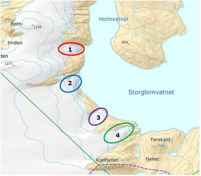 STØYUTREDNING 9 Figur 3 Planområde med plassering av uttak. Isen er tenkt fraktet fra uttak til en mellomlagringsplass med helikopter.