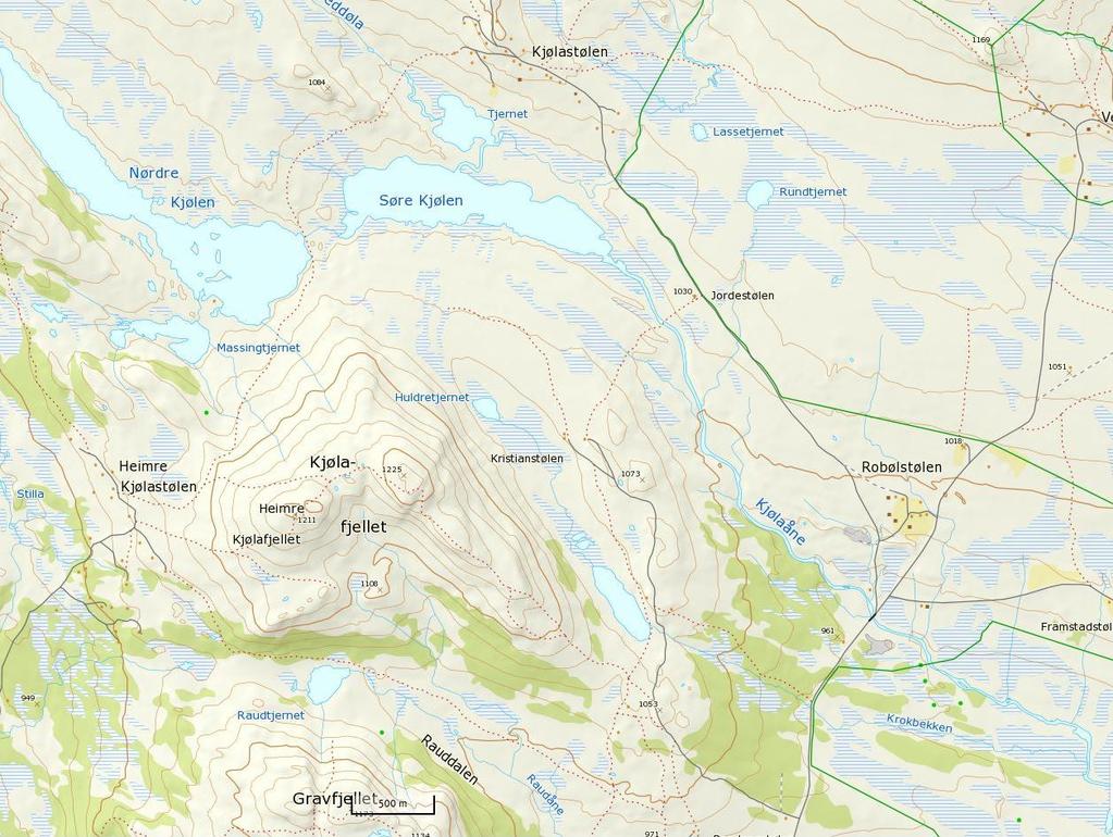 7 Skagdøla og Skreddøla er gode fiskeåer. Tjednet Fiskebestand: Ørret. Tett bestand. Bra kvalitet Nørre Kjølen. (1016 moh/658 da) Grensevatn mot privat eiendom. Allmenning langs hele nord-øst sida.