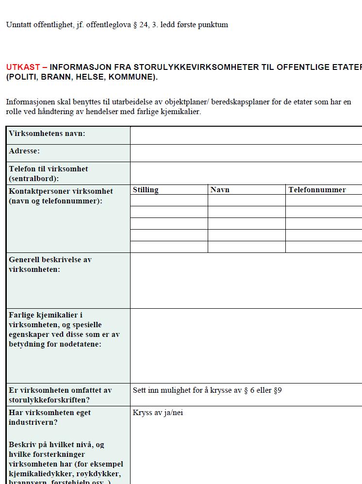 Informasjon fra virksomheter til nød- og beredskapsetater POD har foreslått at DSB skal utarbeide en mal for informasjon fra alle storulykkevirksomheter til alle berørte nødetater.