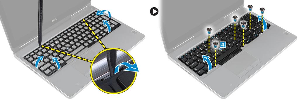 a Lirk tastaturrammen fra bunnen av, og jobb langs den øverste kant, og ta det bort fra datamaskinen [1,2,3]. b Fjern skruene som fester tastaturet til datamaskinen [4].