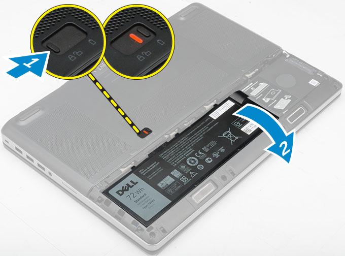 Ta av batteridekselet 1 Følg prosedyren i Før du arbeider inne i datamaskinen. 2 Utfør følgende trinn, som vist på illustrasjonen: a Skyv på utløsersperren for å løsne batteridekselet [1].