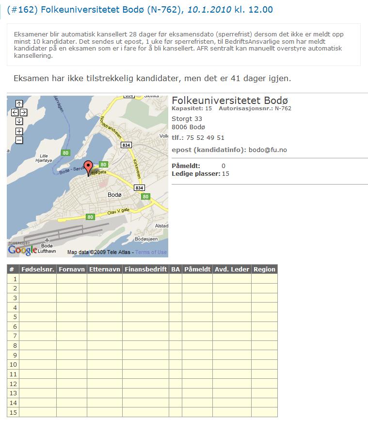 Du kan også se hvor mange Kandidater som totalt er påmeldt på den aktuelle datoen, samt om AFR