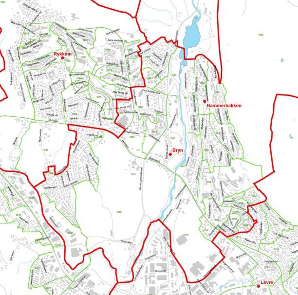 12 mål. Kartutsnittet under viser inntaksområdet til Bryn og Hammerbakken skole og hvor avdelingene Bryn og Hammerbakken er lokalisert.