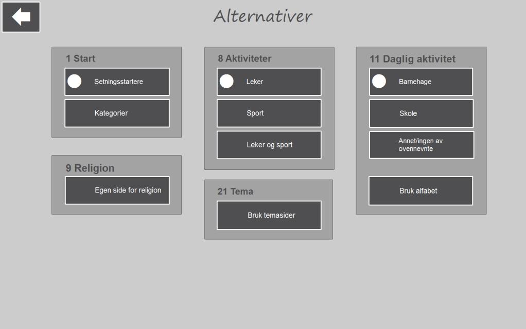 3.4 Alternativer Når man velger Alternativer fra hovedmenuen vises denne siden: I Alternativer kan man gjøre individuelle tilpasninger innenfor hvert område.