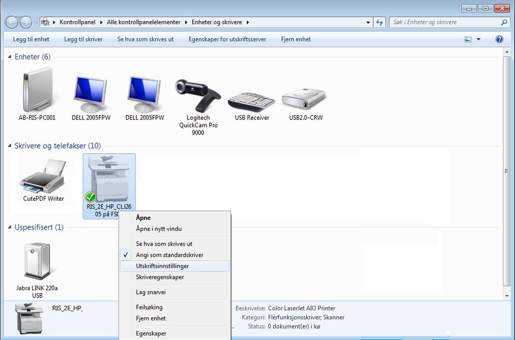 3.8.1 Skriveroppsett Trykk på Åpne Enheter og Skrivere for å komme til denne siden: Høyreklikk på skriveren og velg Angi som standardskriver.