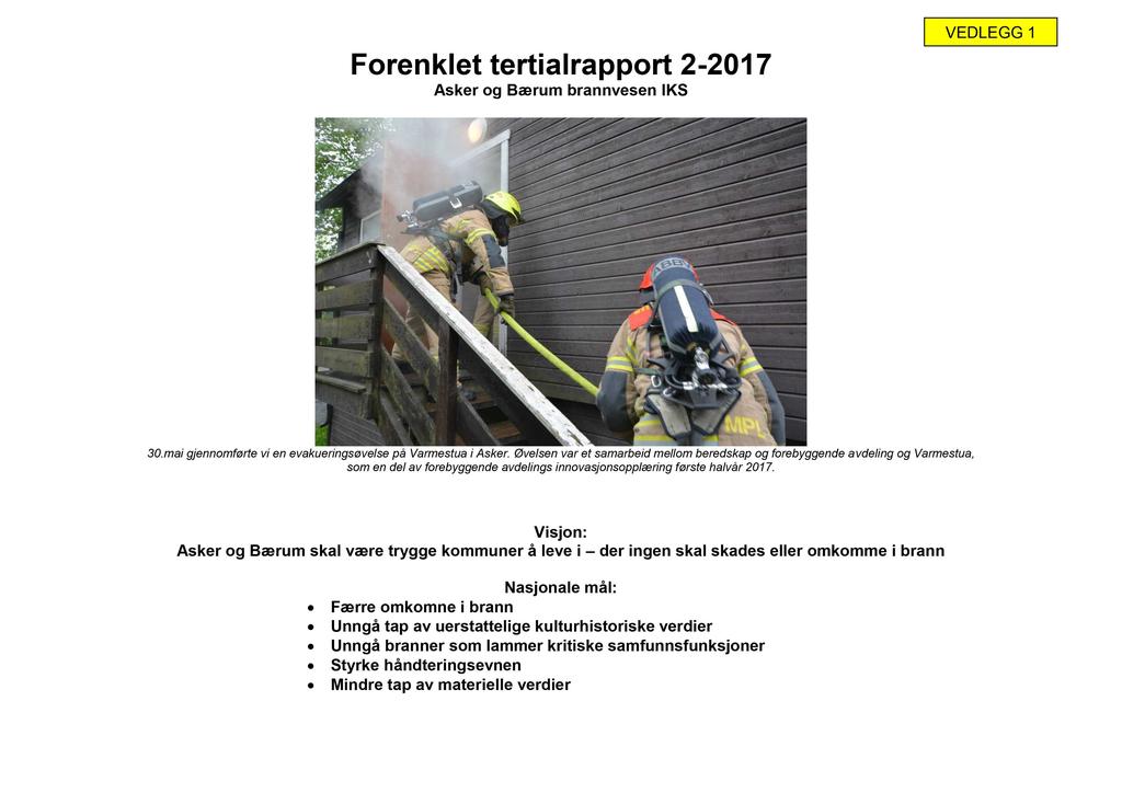 Forenklet tertialrapport 2-201 7 Asker og Bærum brannvesen IKS VEDLEGG 1 30.mai gjennomførte vi en evakueringsøvelse på Varmestua i Asker.