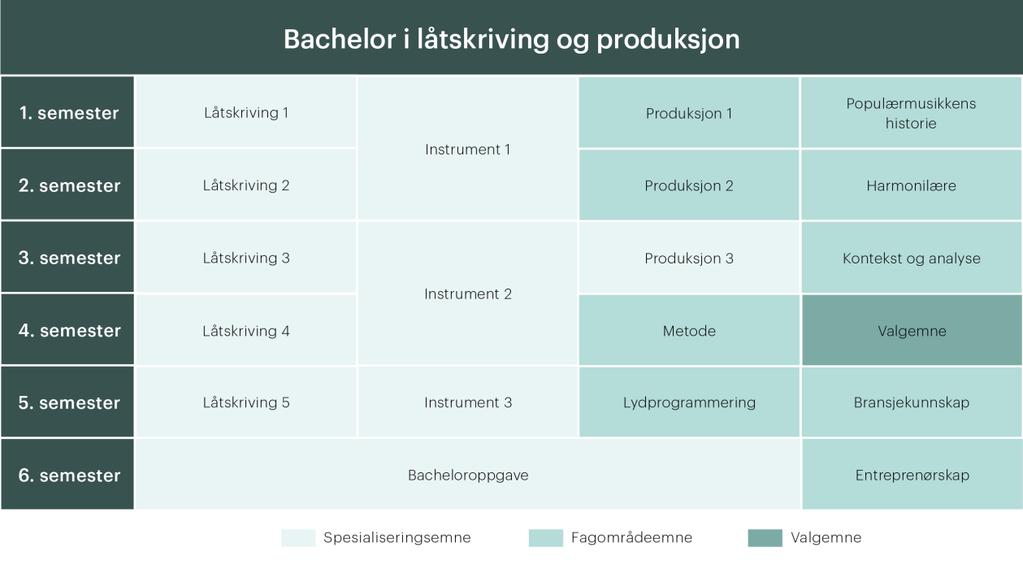 1.2 Forenklet studieplan Studiet sitt overordnete forløp vises i oversikten nedenfor. «Spesialiseringsemne» forteller at emnet er spesifikt for dette studieprogrammet.