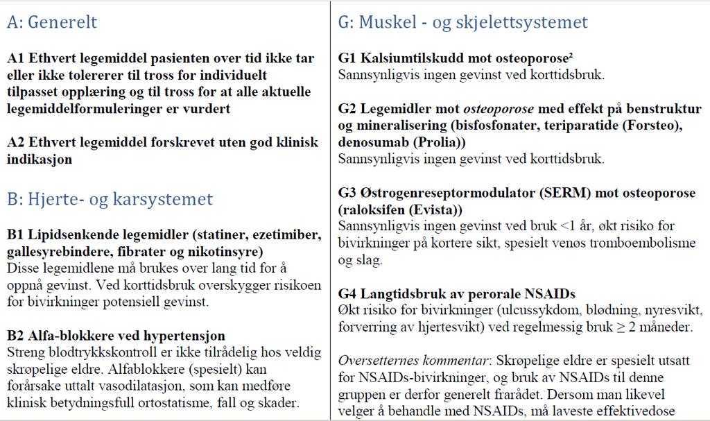 STOPPFrail NORGEP-NH www.forskningsenheten.no A: Enkeltsubstanser. Regelmessig bruk bør unngås. Oxazepam i dose > 30 mg/dag (oversedasjon, fall, fraktur) B: Kombinasjonskriterier.