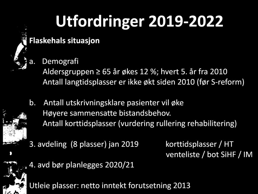 U tfordringer 2019-2022 Flaskehal situasjon a. Demografi Aldersgruppen 65 år økes 12 %; hvert 5. år fra 2010 Antall langtidsplasser er ikke økt siden 2010 (før S - reform) b.