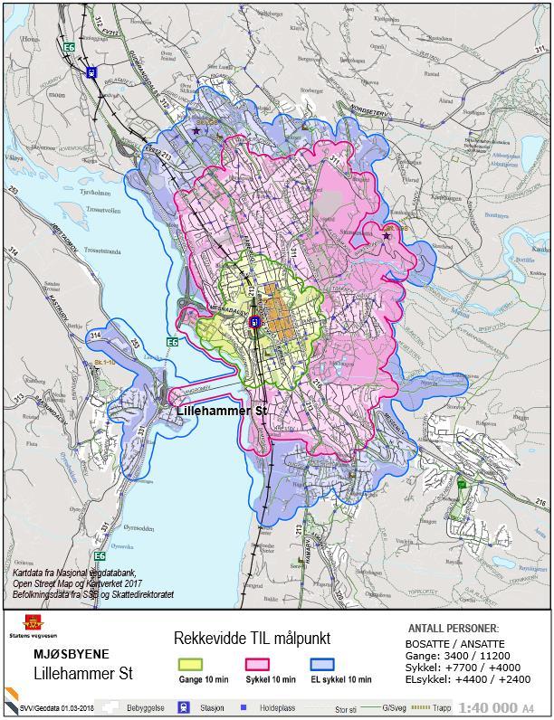 Figur 2.10: Rekkeviddekart for 10 minutters avstand til Lillehammer stasjon. I Lillehammer er det 3.400 personer som bor innenfor ti minutters gangavstand til togstasjonen, og 11.200 ansatte.