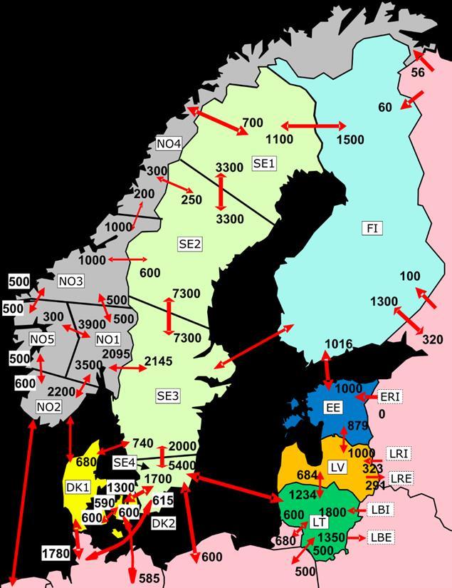 2 Endringer i kraftsystemet mot 2025 mer flyt nord-sør 2.1 Overføringskapasitet og flaskehalser i dag De maksimale overføringskapasitetene mellom prisområdene i Norden og Baltikum er vist i Figur 2-1.