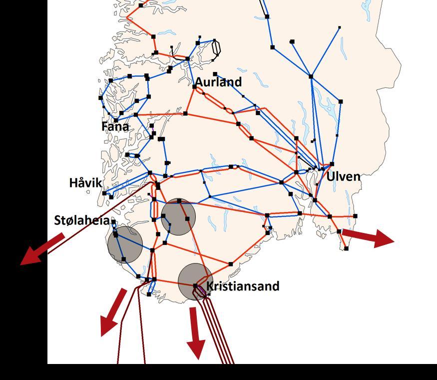 Figur 3-1 Typisk flyt ut av området er ut over mellomlandsforbindelsene mot Storbritannia og kontinentet, samt østover mot Sverige over Hasle.