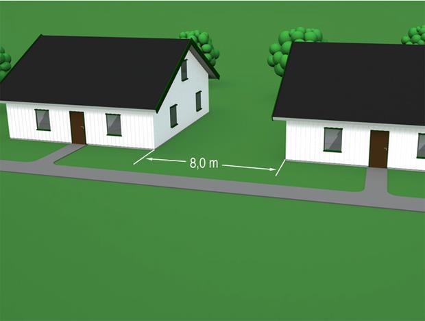 11-6 Figur 1: Skille mellom lave byggverk i ulike bruksenheter. Avstand minimum 8,0 m eller branncellebegrensende bygningsdel(er).