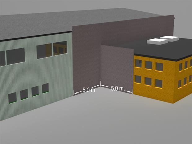 11-7 Figur 1b: Utforming for å hindre brannsmitte fra vegg til vegg i innvendige hjørner. Alternativ 2: Seksjoneringsveggen forlenges minimum 5,0 meter forbi innvendig hjørne i begge fasadene. B.