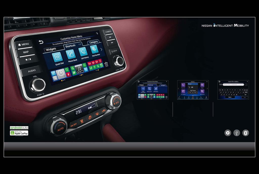 NY NISSANCONNECT Neste generasjon lyd- og navigasjonssystem fra Nissan leveres med smarttelefonintegrering, Bluetooth håndfrisystem og innebygde apper, og er utstyrt med en 7 berøringsskjerm som gjør