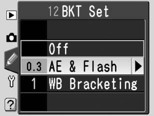 12: BKT Set (Alternativer innstilt) I modiene P, S, A og M kan du velge mellom følgende alternativer for alternative innstillinger: Alternativ Beskrivelse Off (Av) Det tas ingen bilder med