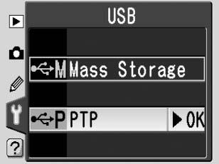 Koble til skriveren 1Velg PTP for USB-alternativet ( 71) på oppsettmenyen. 2Slå på skriveren. 3Slå av kameraet, og koble til den medfølgende USB-kabelen som vist.