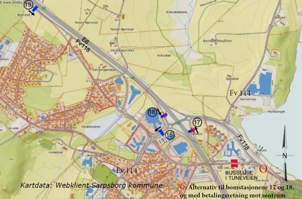 Figur 7: Alternativ bomstasjonsplassering ved Lekevollkrysset Her er bomstasjonene 17 og 18 på E6-rampene fjernet og erstattet med en bomstasjon på fv.